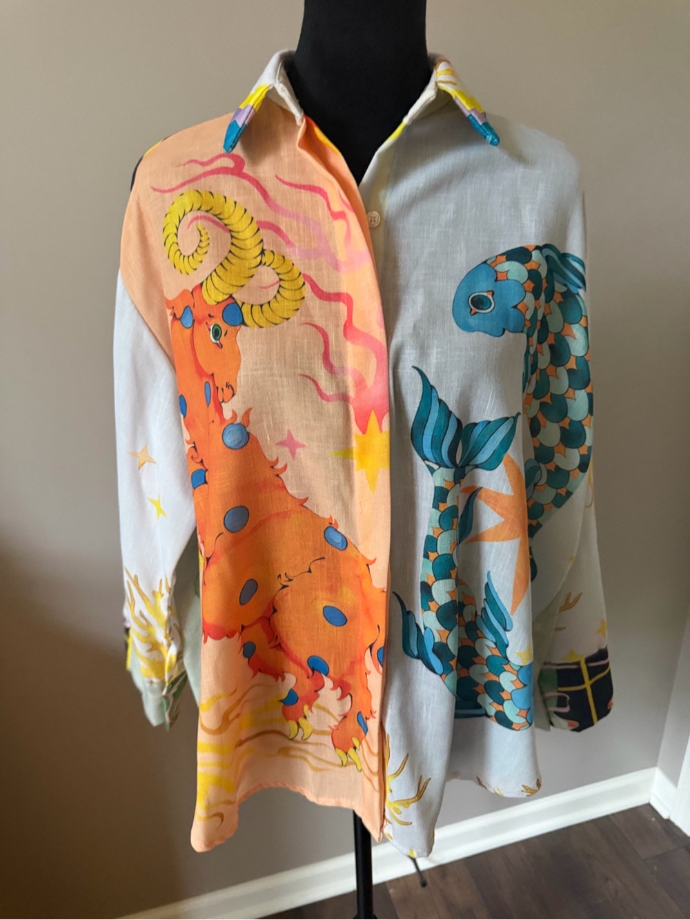 Made In Italy Colorblock Astrological Sign Print Button Shirt- Orange & Teal
